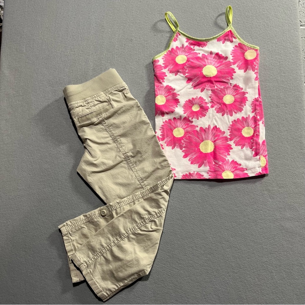 Bundle 2 SO Girls Khaki Drawstring Capri Pants & Pink Daisy Cami Top Set Size 7